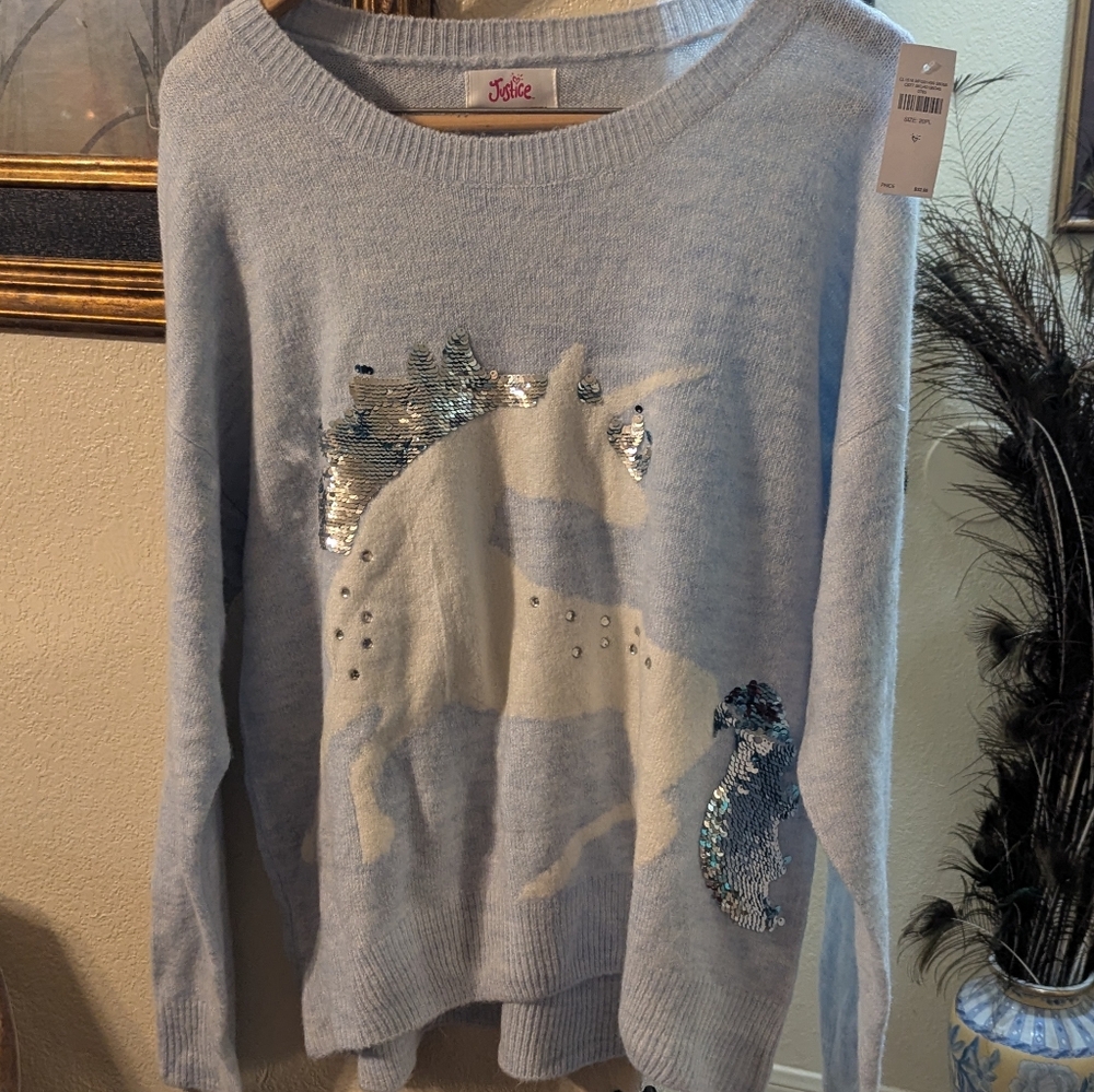 NWT Justice Light Blue Knit Unicorn with Glitter Accents Size 20